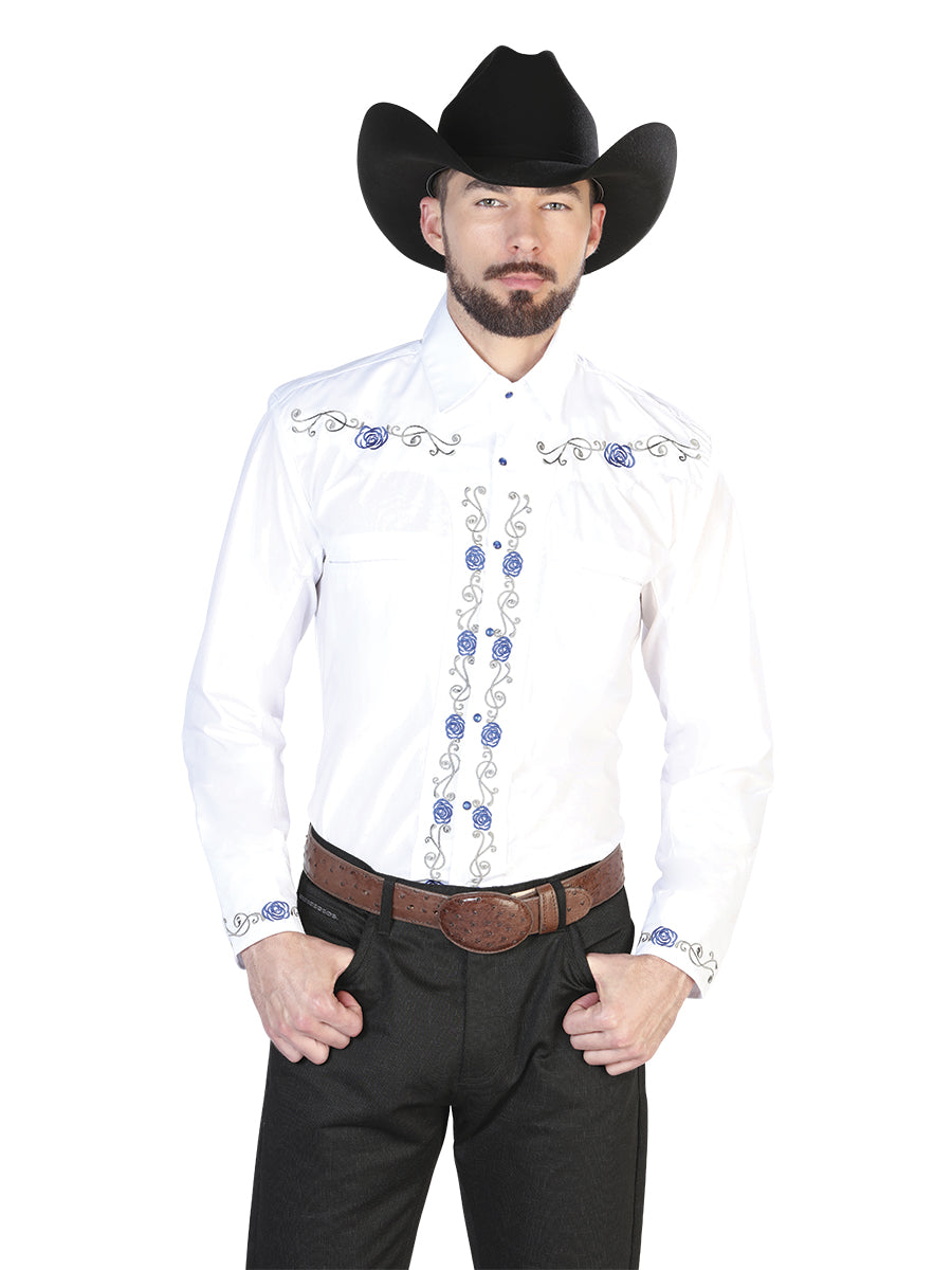 El General Mens Embroidery Western Shirt (White/Blue) 42938
