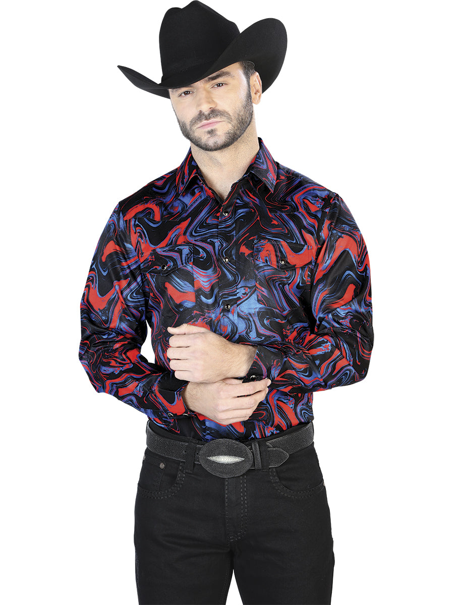 Senor De Los Cielos Mens Swirl Print Casual Long Sleeve Shirt - Blue/Red