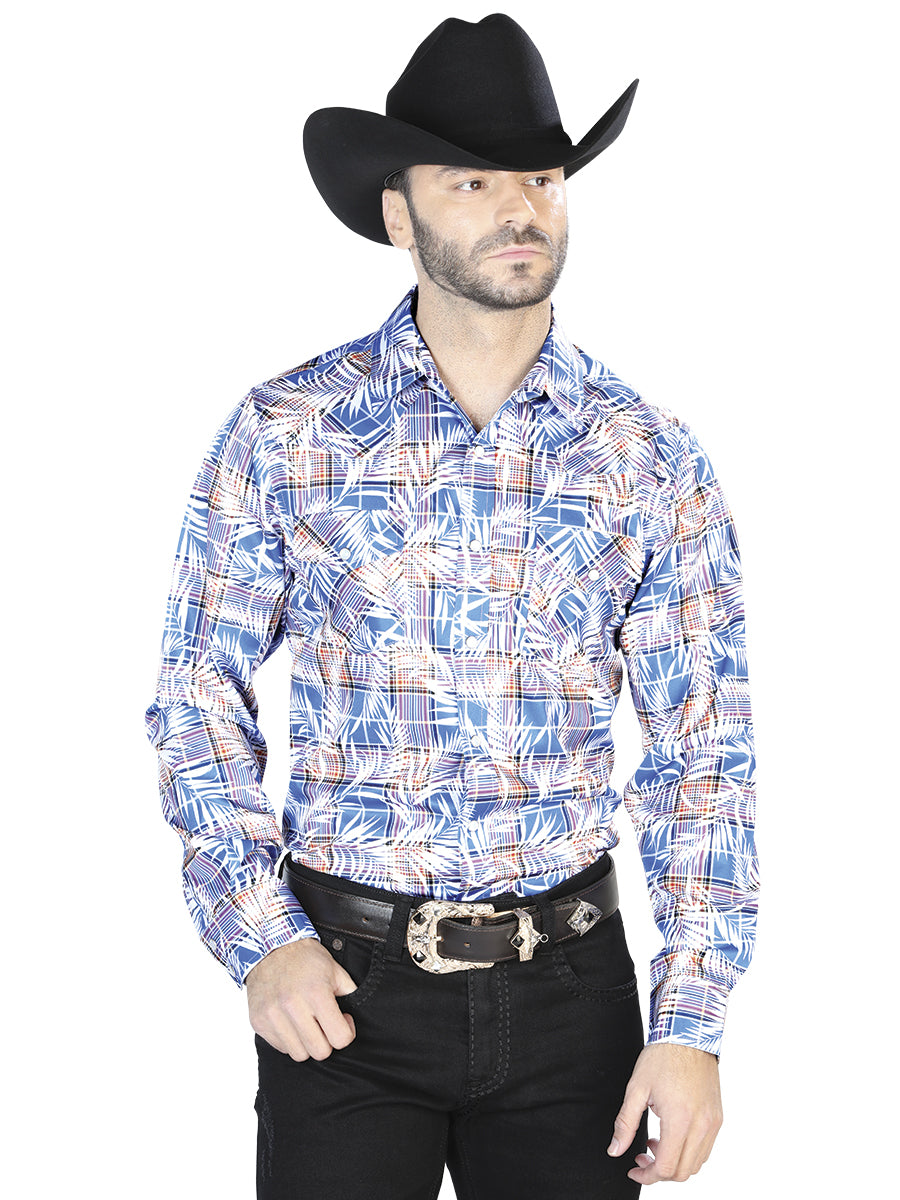 Senor de Los Cielos Mens Plaid w/ Pattern Casual Long Sleeve Shirt -Blue/White