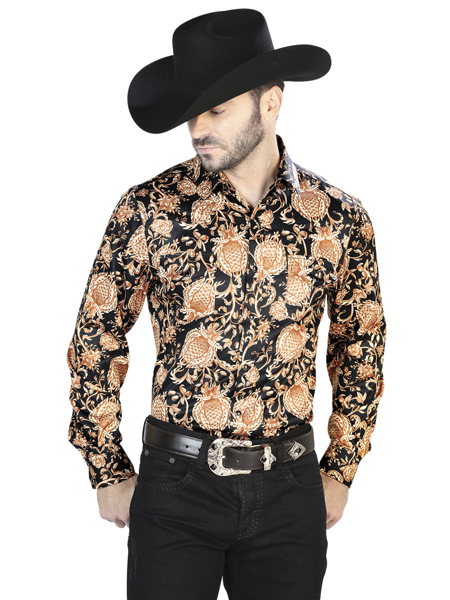 Senor De Los Cielos Gold Print Casual Long Sleeve Shirt - Black