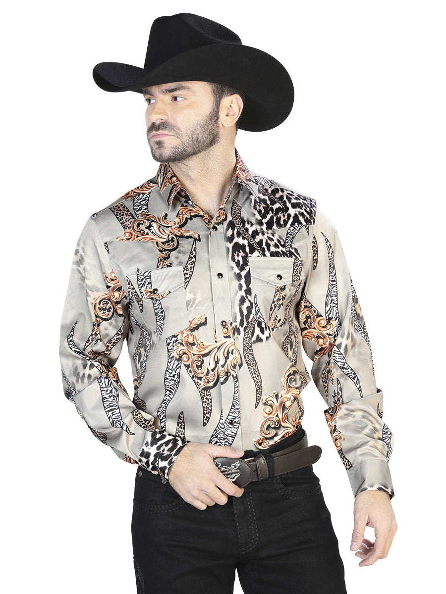 Senor De Los Cielos Mens Cheetah Print Casual Long Sleeve Shirt (Taupe)
