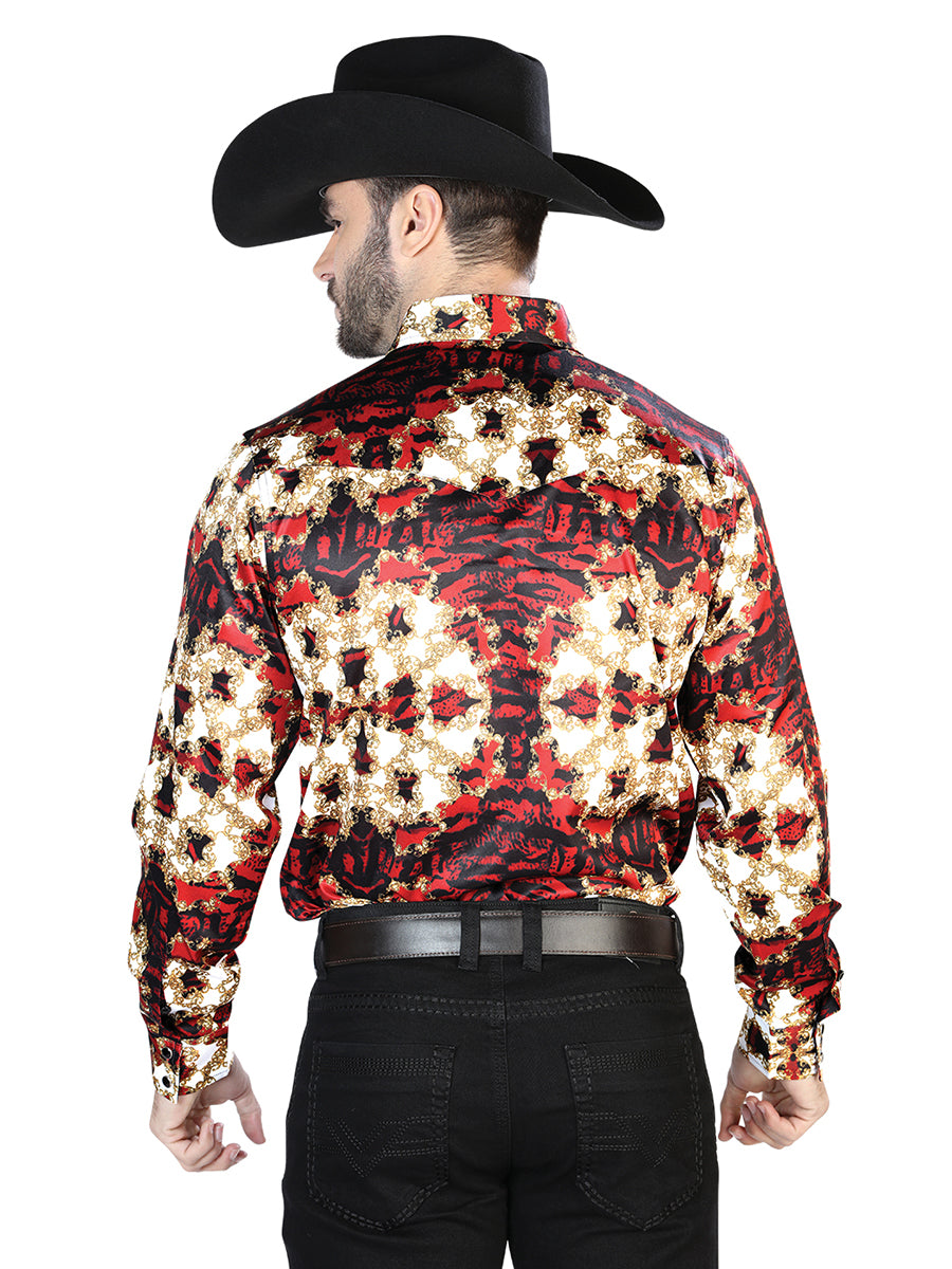 Senor De Los Cielos Mens Tiger Print Casual Long Sleeve Shirt (Burgundy)