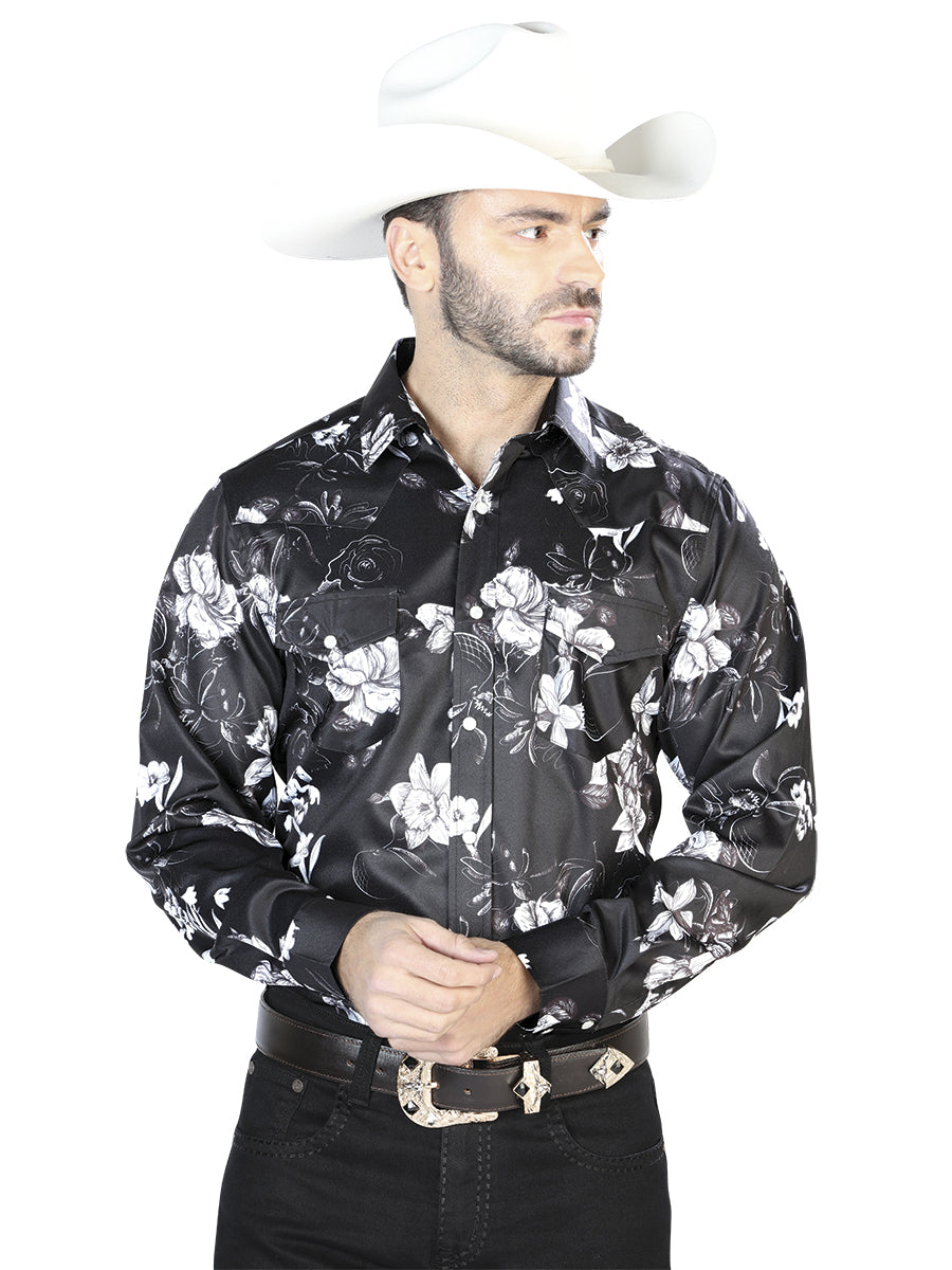 Senor De Los Cielos Ments Flower Print Casual Long Sleeve Shirt (Black)