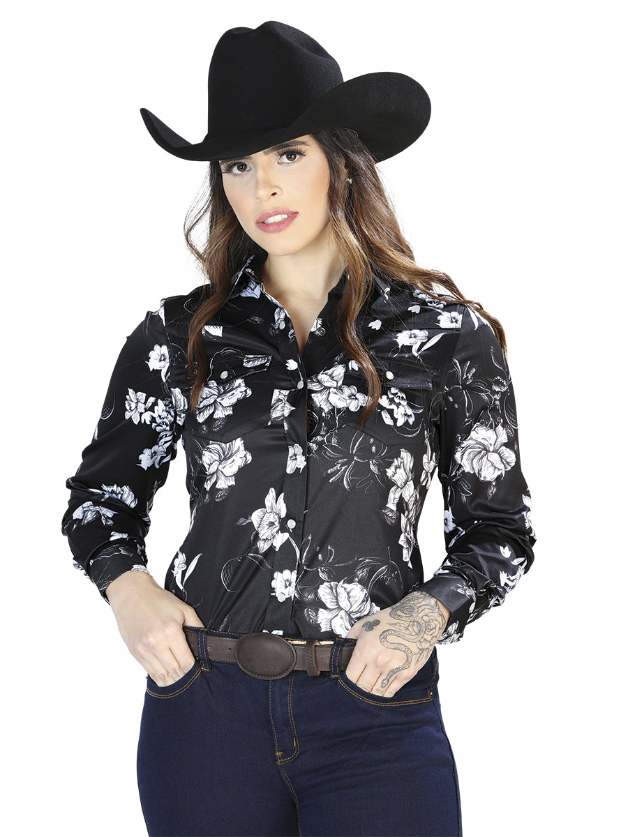 Senor De Los Cielos Womens Flower Print Long Sleeve Western Shirt (Black)