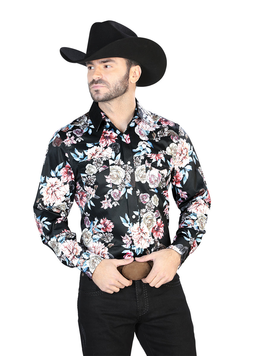 Senor De Los Cielos Mens Roses Print Casual Long Sleeve Shirt (Black)