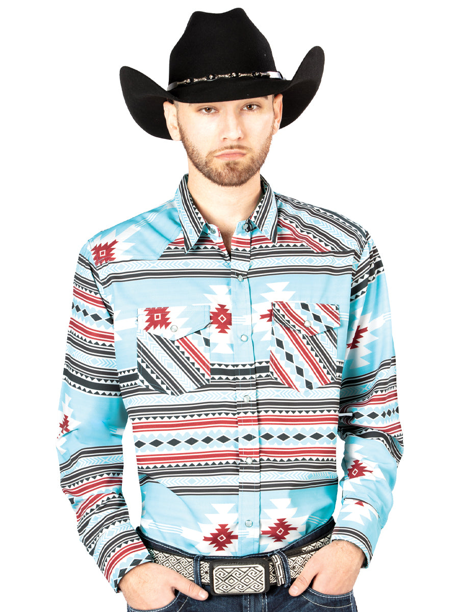 Senor De Los Cielos Aztec Print Casual Long Sleeve Shirt (Blue)