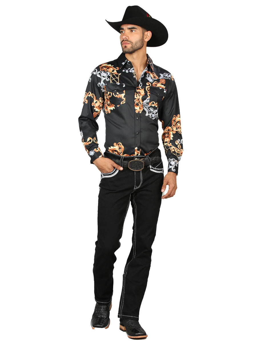 Centenario Mens Bootcut Denim Jeans with White/Gray Embroidered Details - Black