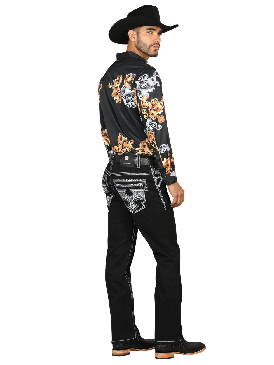 Centenario Mens Bootcut Denim Jeans with White/Gray Embroidered Details - Black