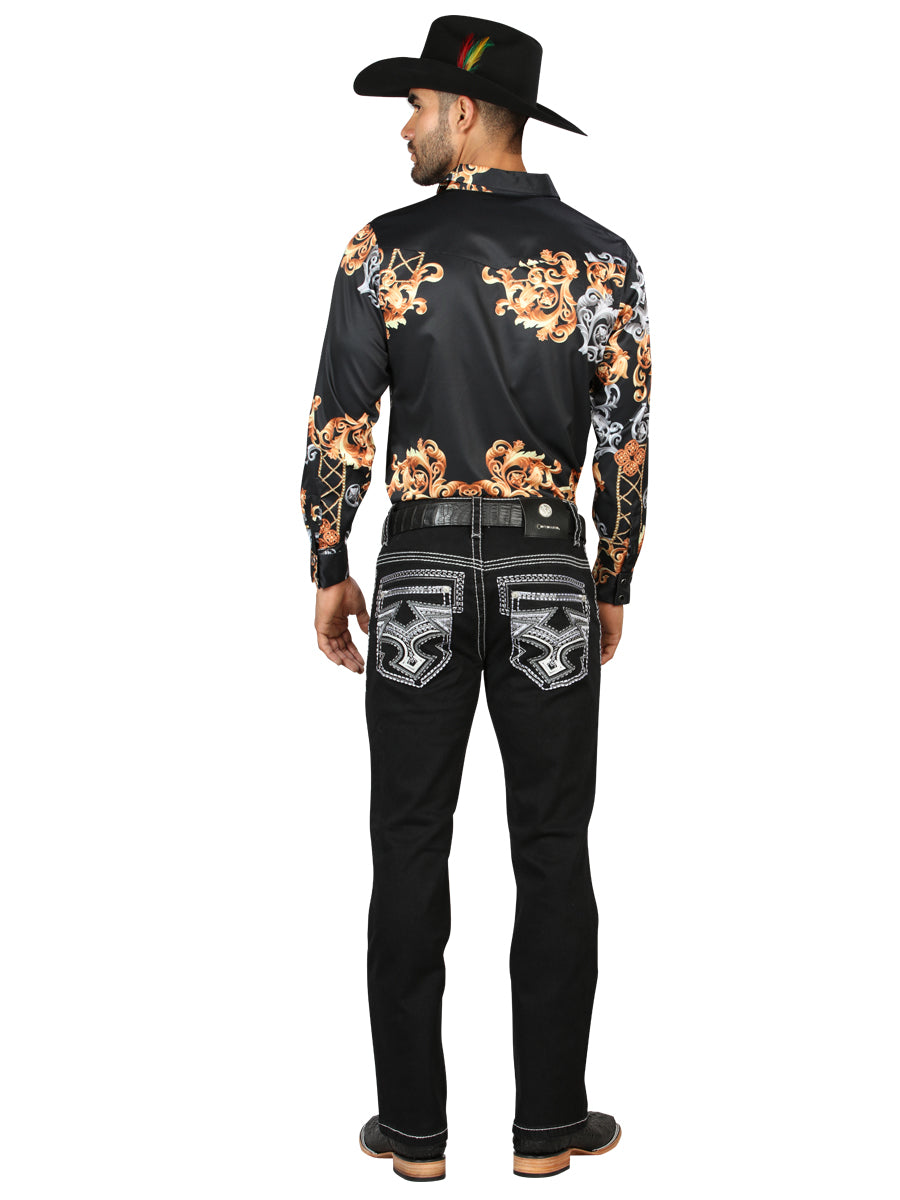 Centenario Mens Bootcut Denim Jeans with White/Gray Embroidered Details - Black