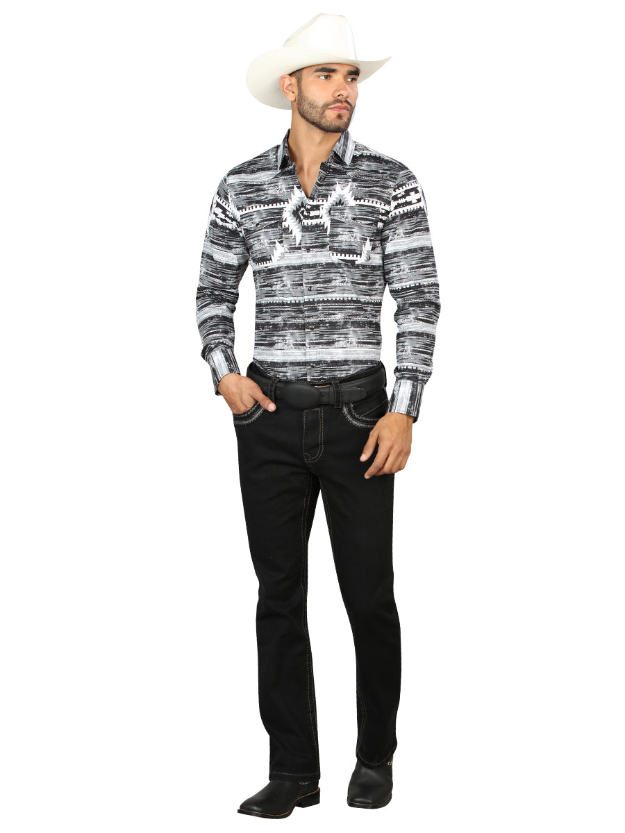 Centenario Mens Bootcut Cut Denim Jeans with Gray Embroidered Details - Black
