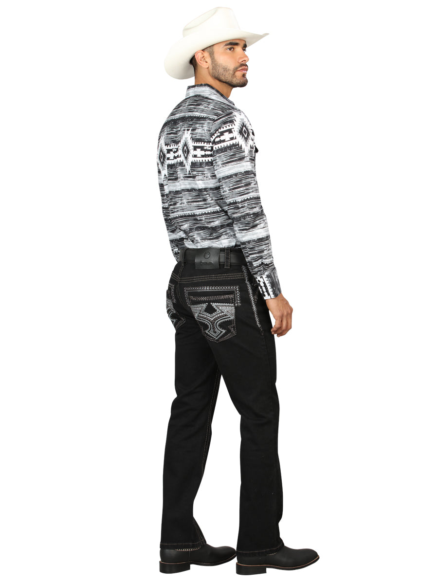 Centenario Mens Bootcut Cut Denim Jeans with Gray Embroidered Details - Black