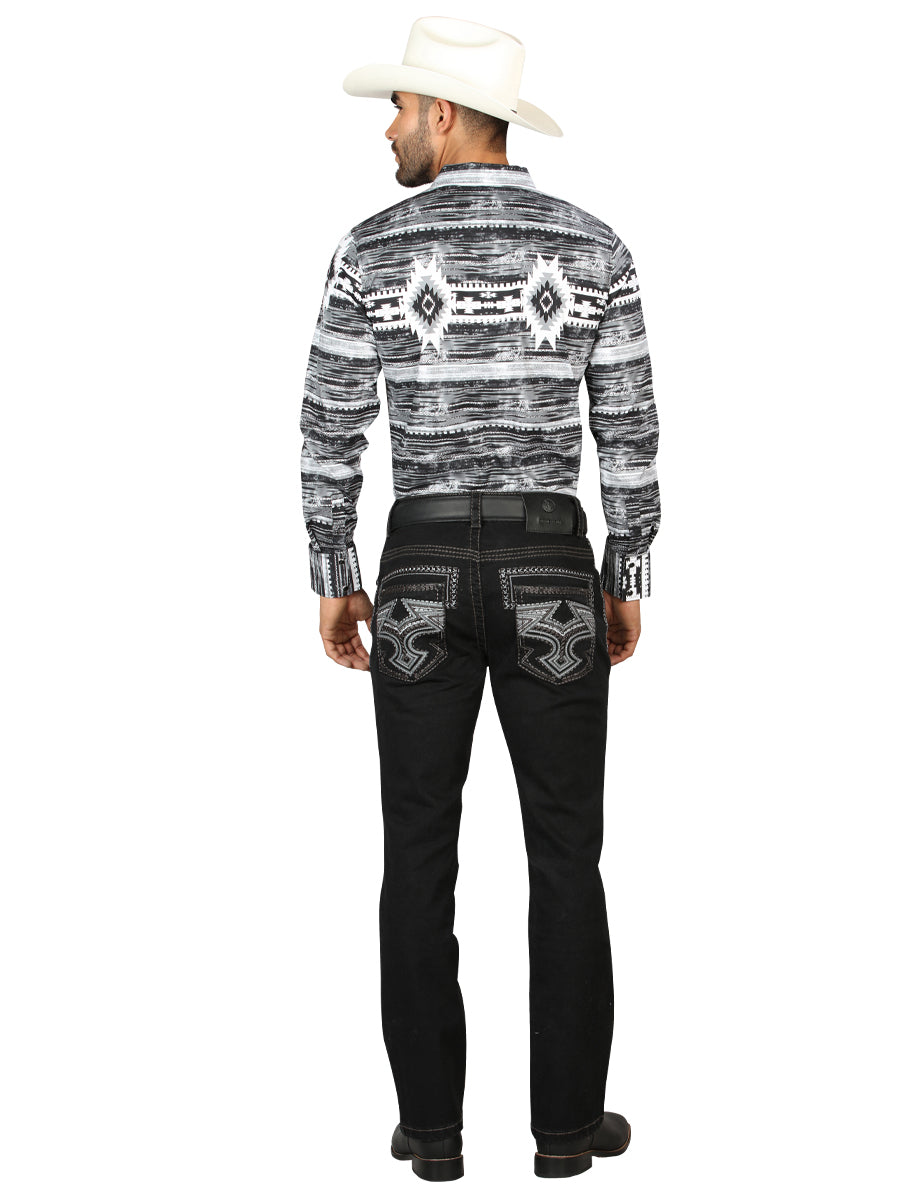 Centenario Mens Bootcut Cut Denim Jeans with Gray Embroidered Details - Black