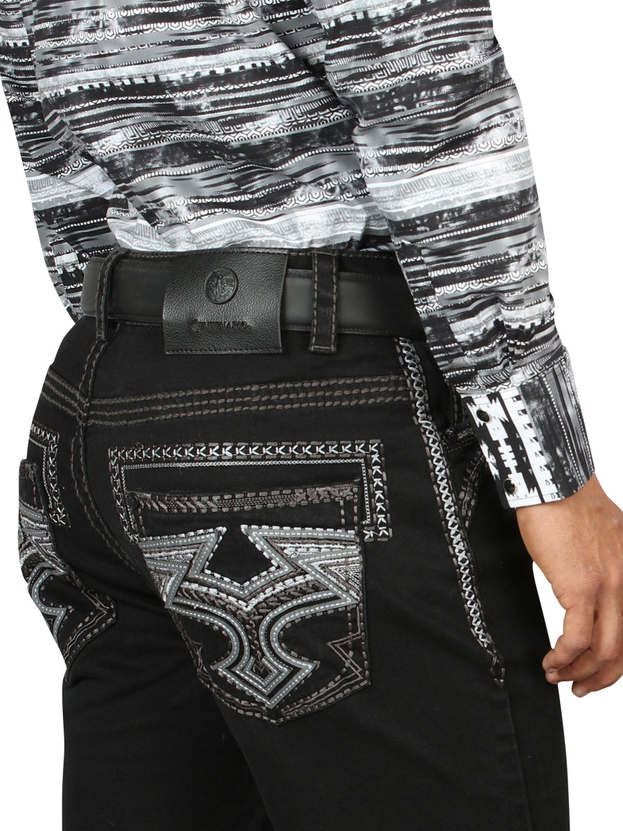 Centenario Mens Bootcut Cut Denim Jeans with Gray Embroidered Details - Black