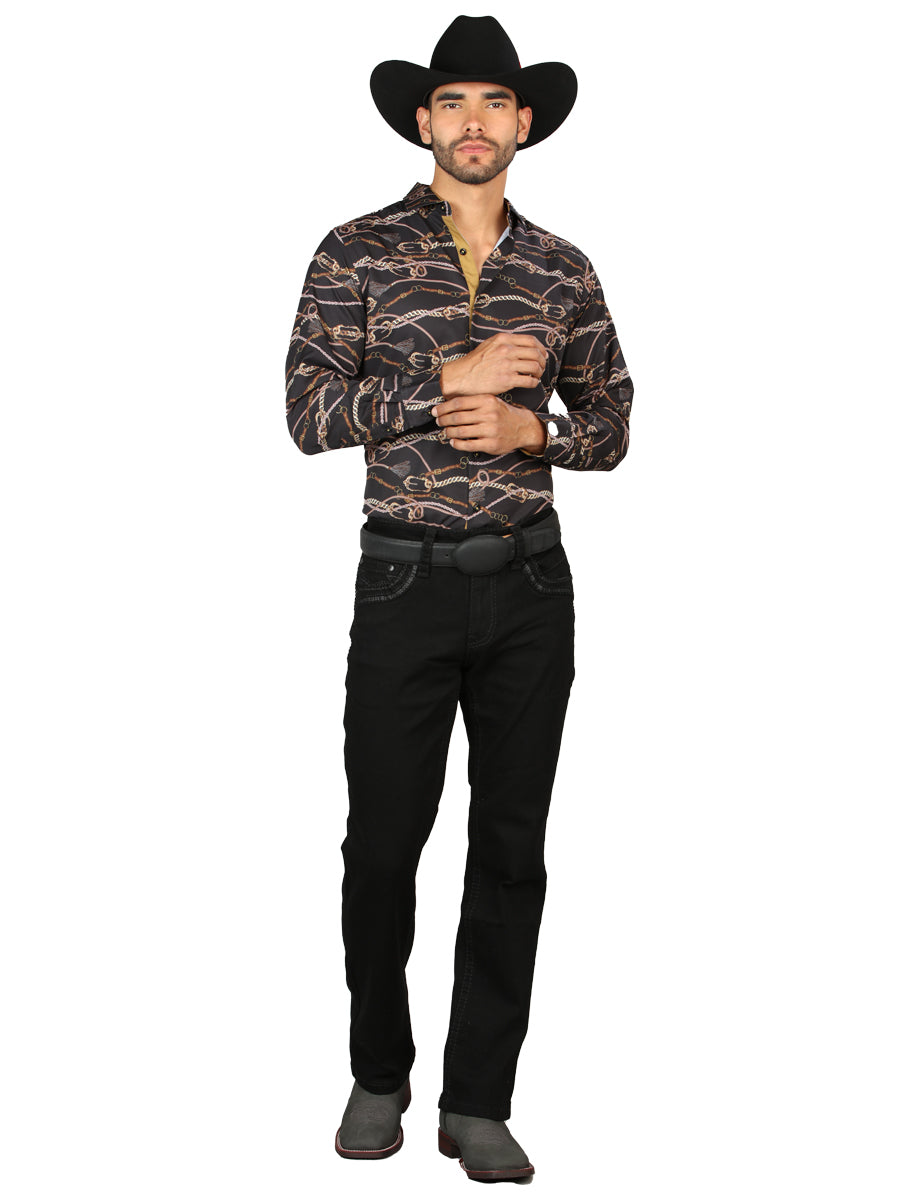 Centenario Mens Bootcut Denim Jeans with Dark Embroidered Details - Black