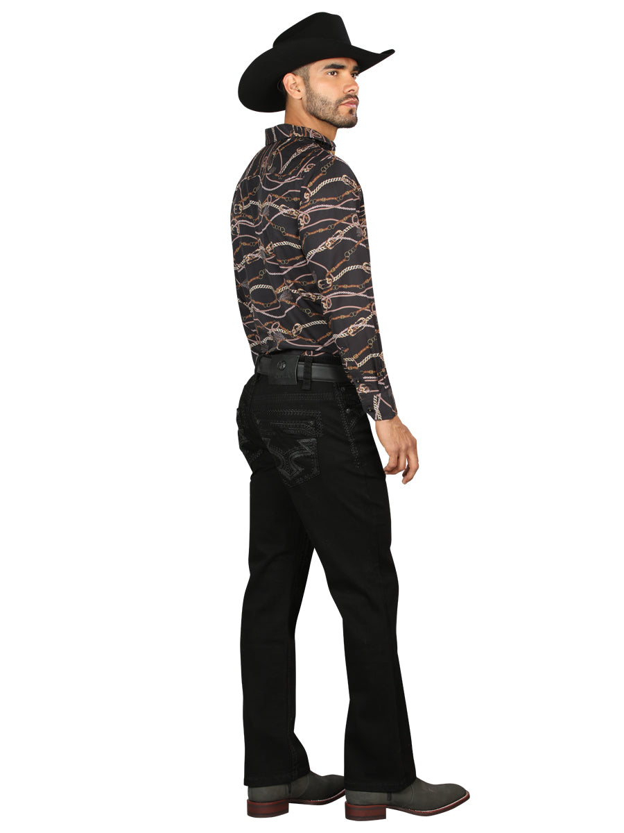 Centenario Mens Bootcut Denim Jeans with Dark Embroidered Details - Black