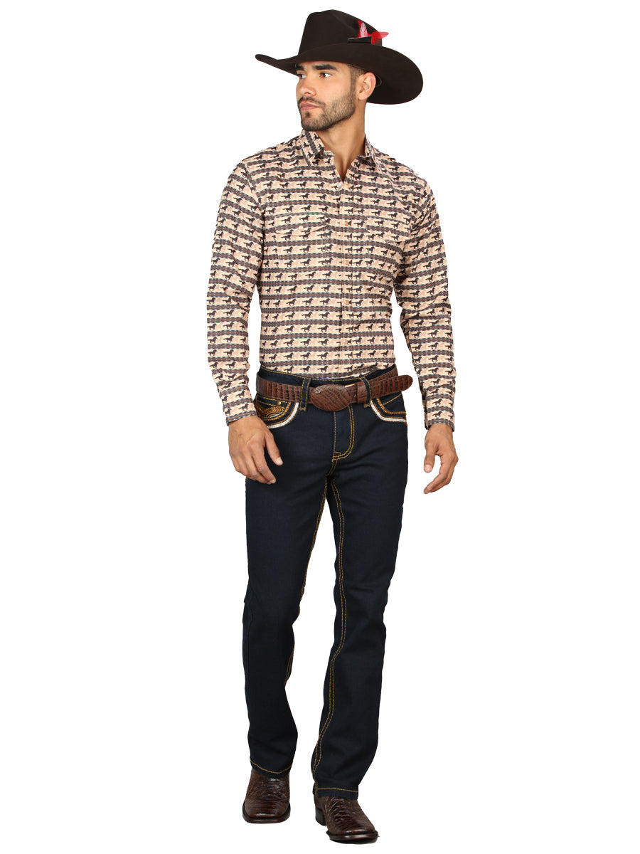Centenario Mens Bootcut Denim Jeans with Gold Embroidered Details - Rinse Blue