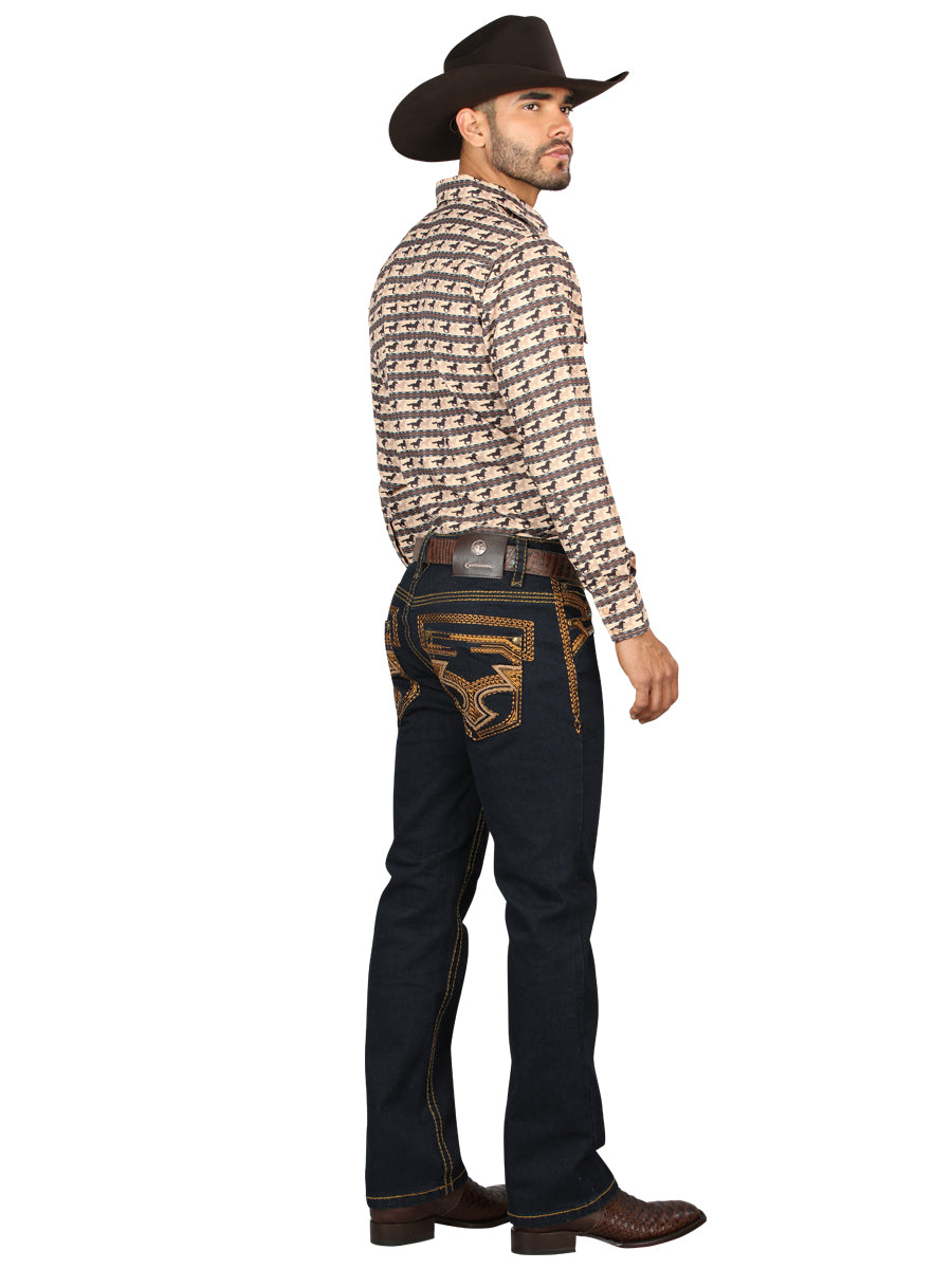 Centenario Mens Bootcut Denim Jeans with Gold Embroidered Details - Rinse Blue