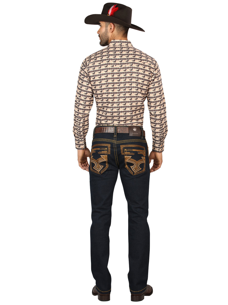 Centenario Mens Bootcut Denim Jeans with Gold Embroidered Details - Rinse Blue