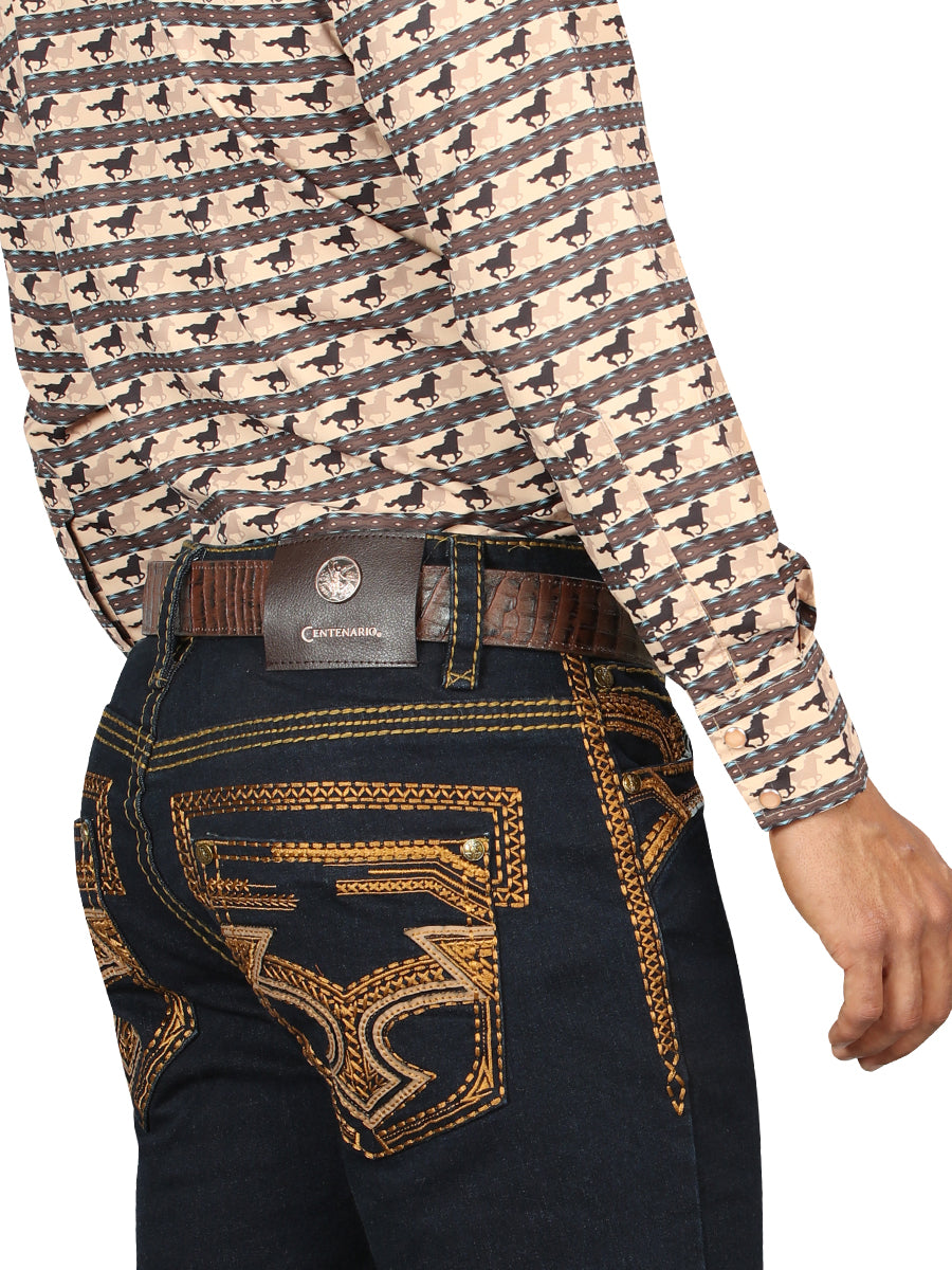 Centenario Mens Bootcut Denim Jeans with Gold Embroidered Details - Rinse Blue
