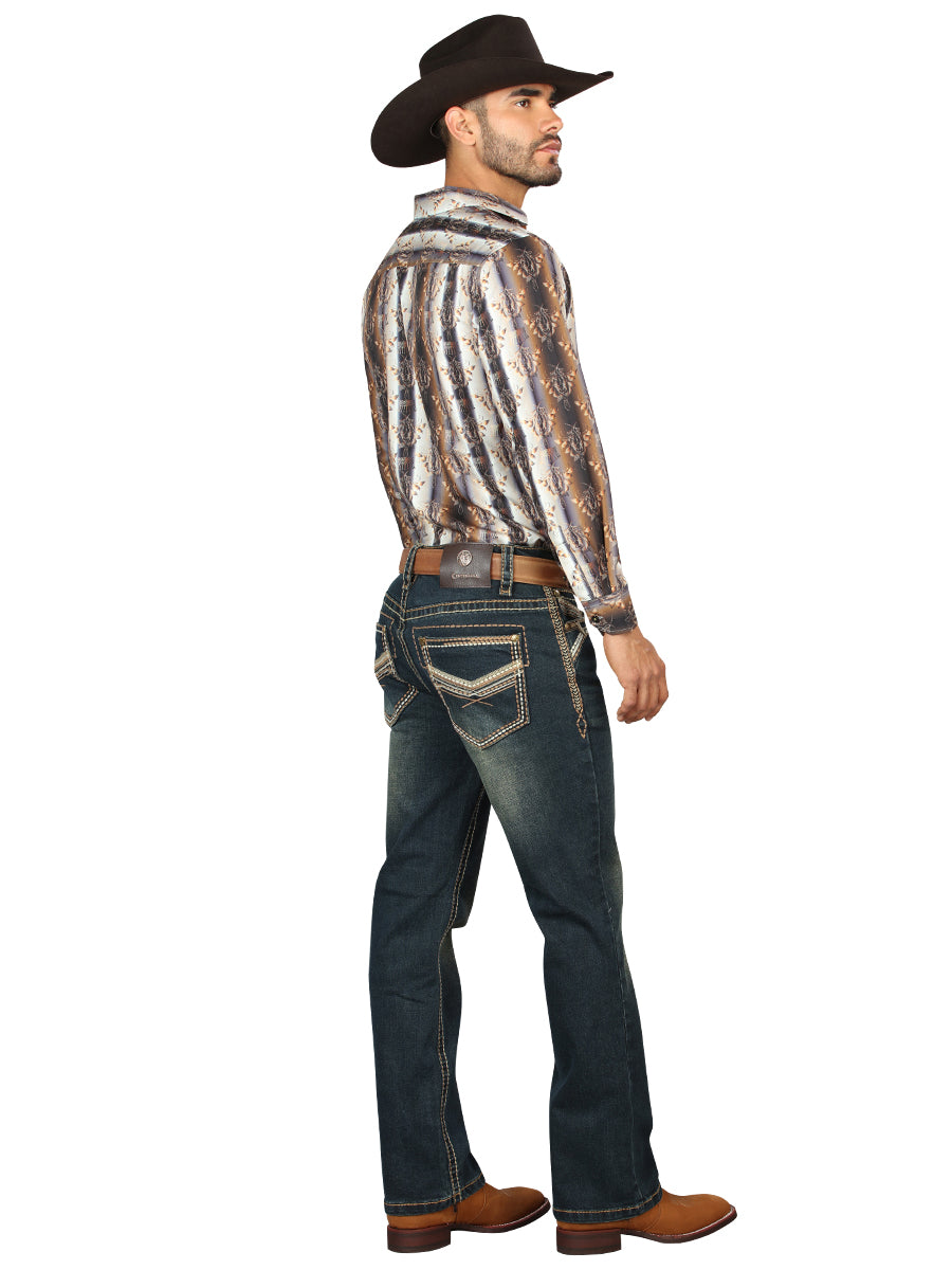 Centenario Mens Bootcut DenimJeans with Embroidered Details -Tinted Green