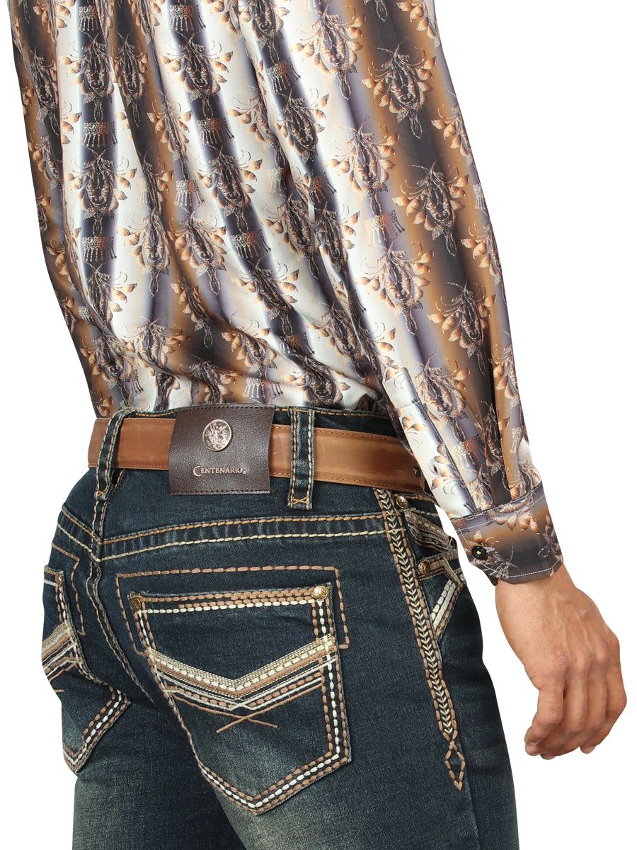 Centenario Mens Bootcut DenimJeans with Embroidered Details -Tinted Green