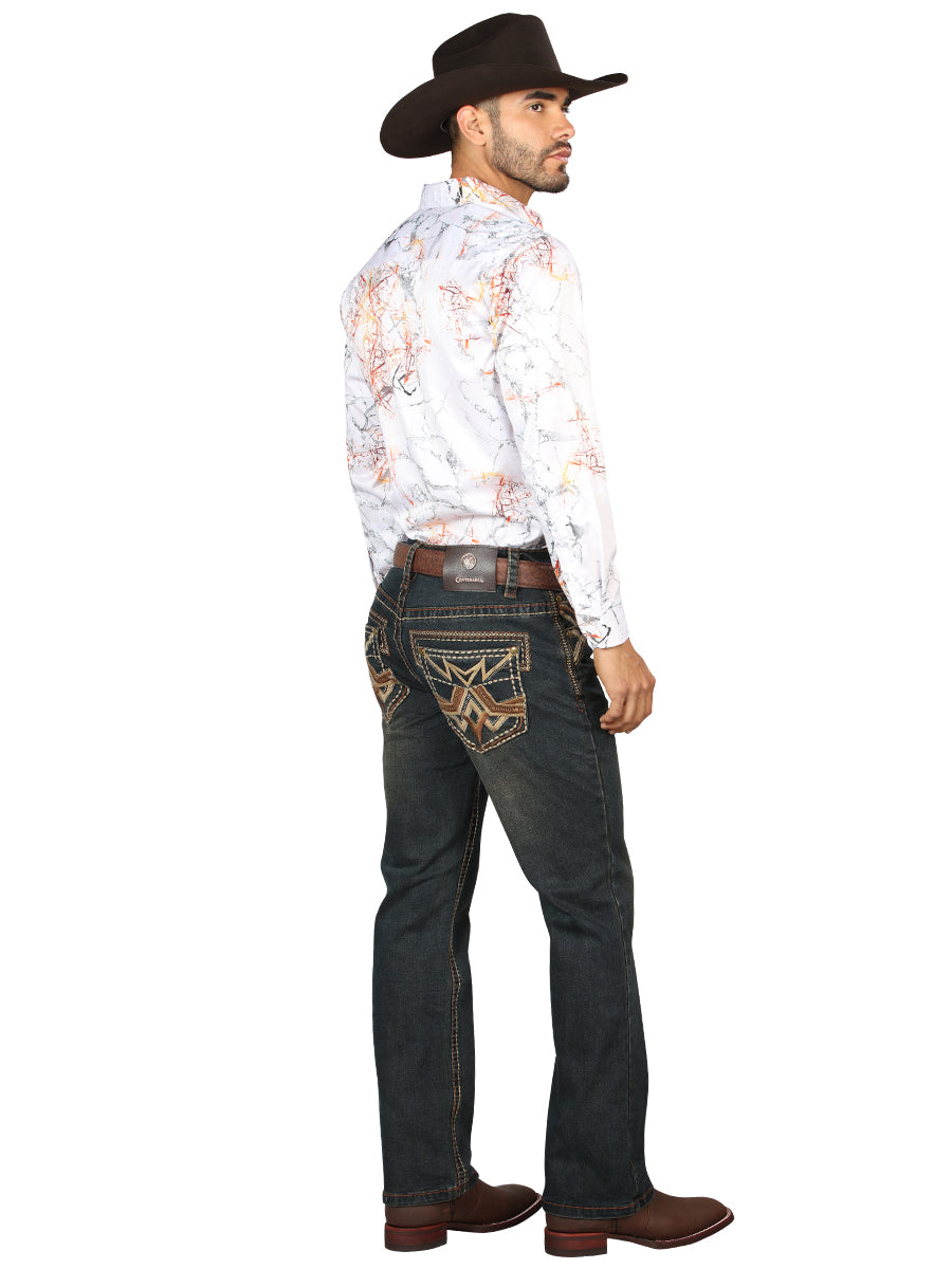 Centenario Mens Bootcut Denim Jeans with Embroidered Details - Tinted Brown