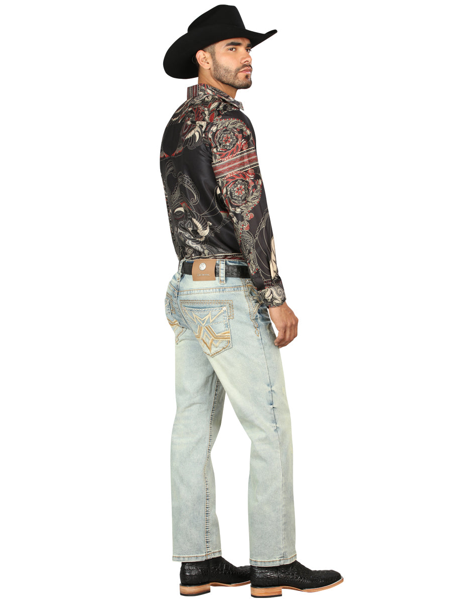 Centenario Mens Denim Boot cut Jeans with Embroidered Details -Light Blue