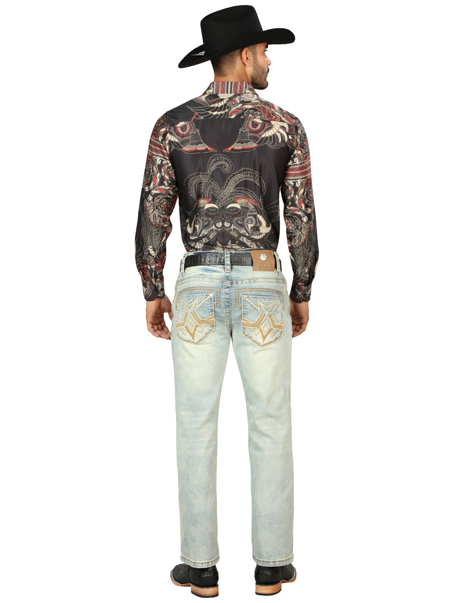 Centenario Mens Denim Boot cut Jeans with Embroidered Details -Light Blue