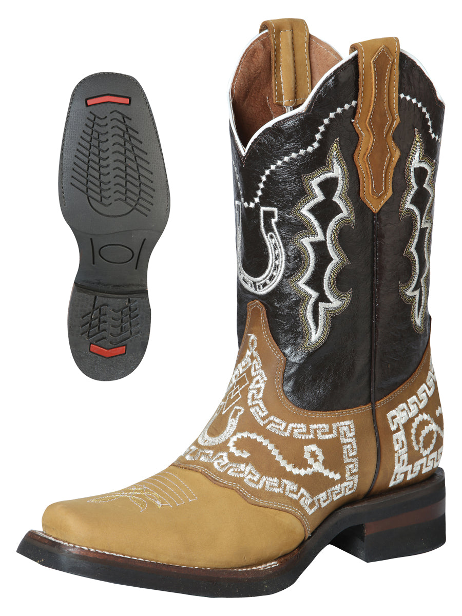 El General Mens Embroidered Horseshoe Nobuck Rodeo Boot - Honey