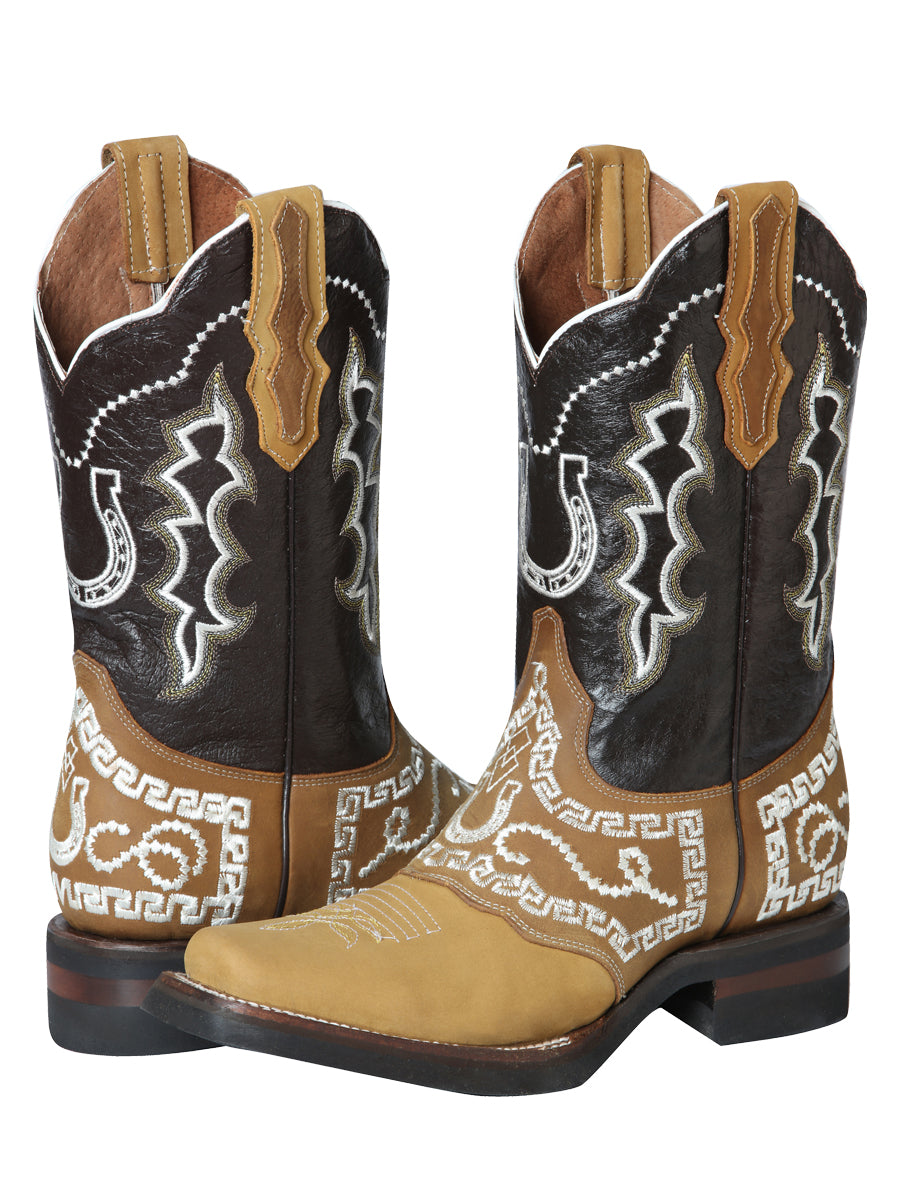 El General Mens Embroidered Horseshoe Nobuck Rodeo Boot - Honey