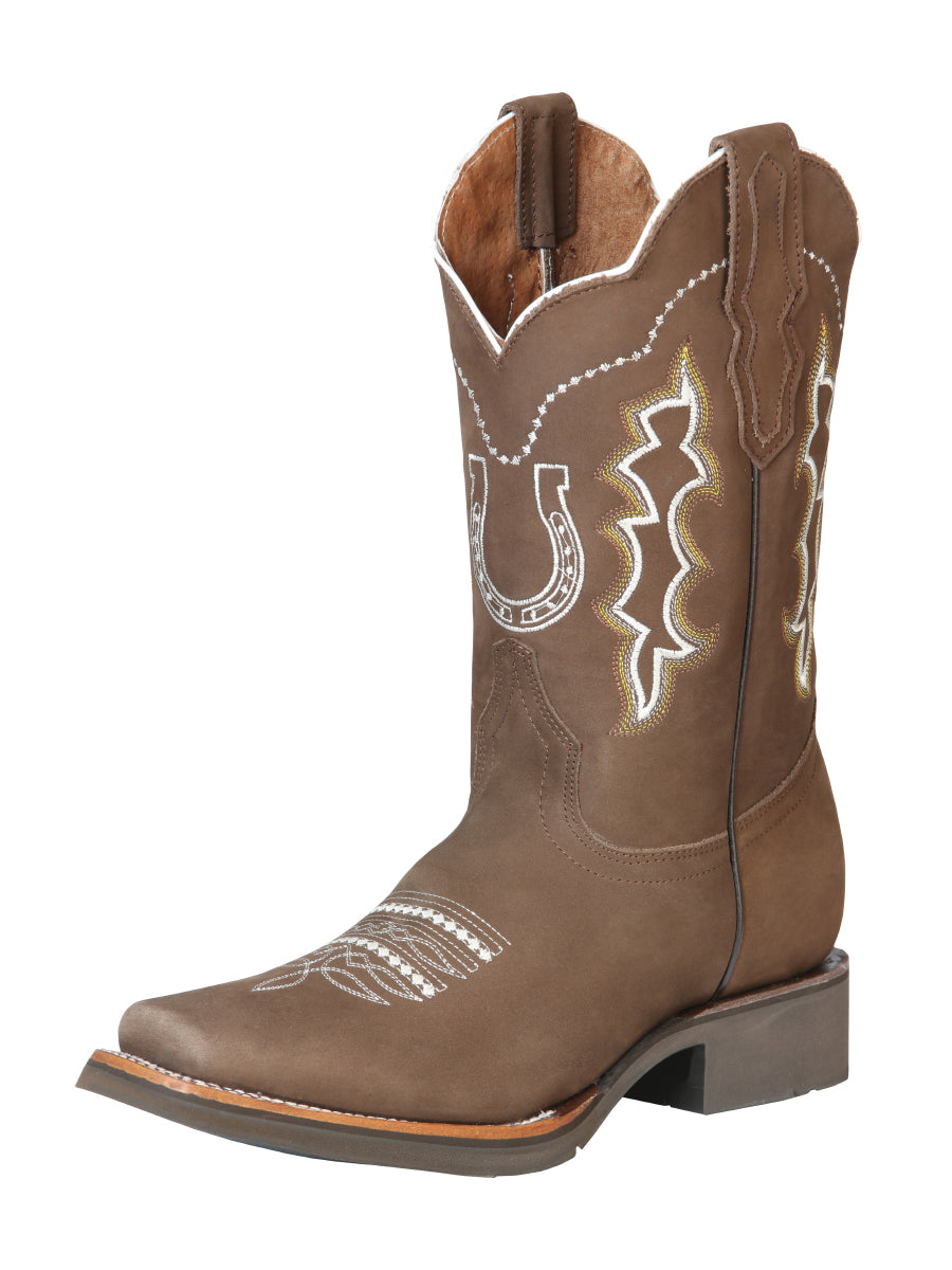 El General Mens Embroidered Horseshoe Suede Rodeo Boot - Brown