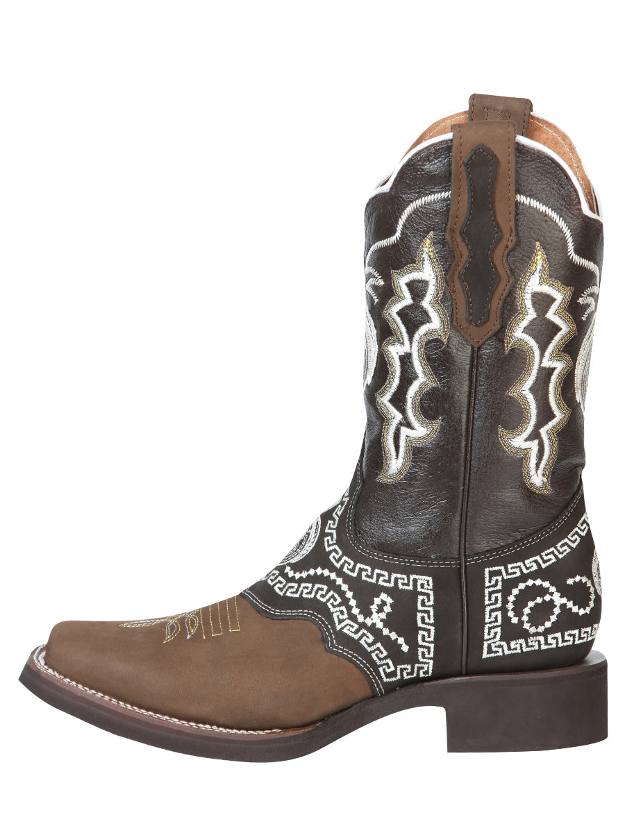 El General Mens Embroidered Horse Nobuck Rodeo Boot- Dark Brown