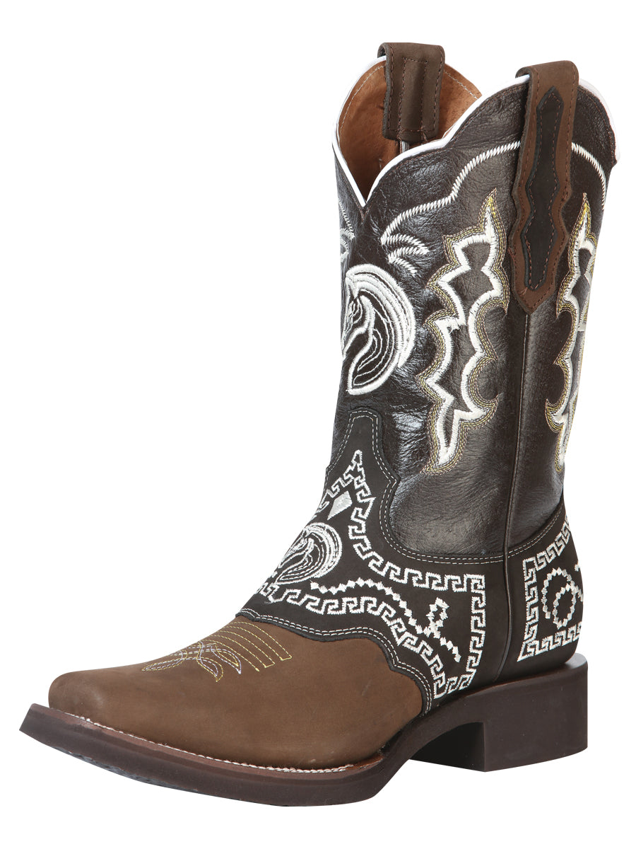 El General Mens Embroidered Horse Nobuck Rodeo Boot- Dark Brown
