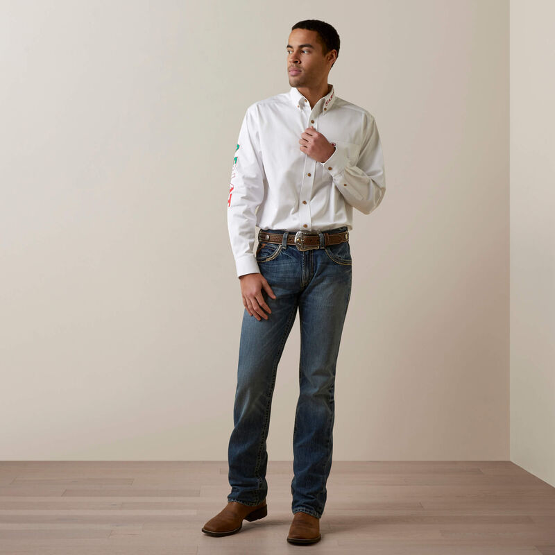 Ariat Mens Team Logo Twill Classic Long Sleeve - White/Mexico