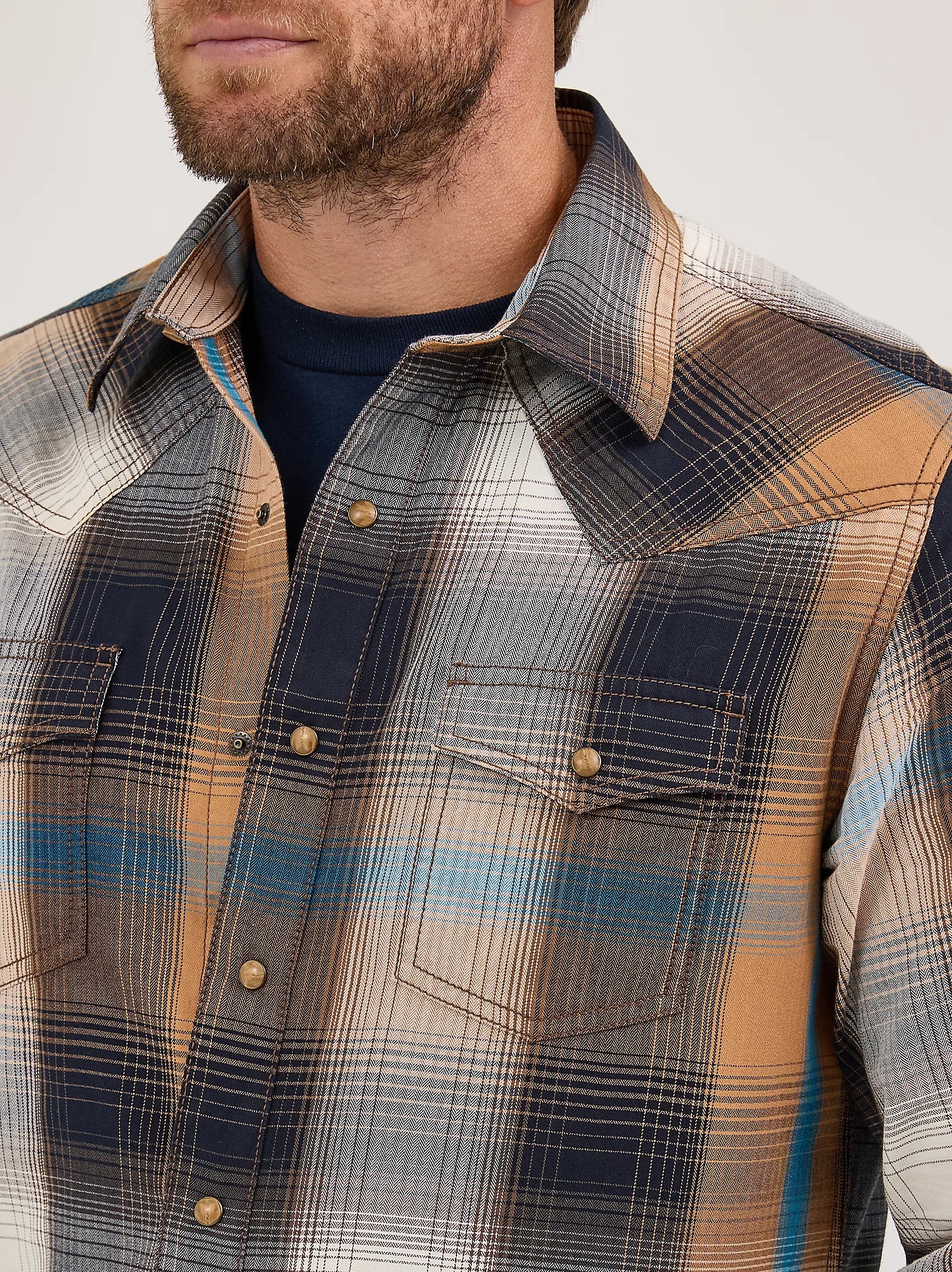 Wrangler Mens Retro® Premium Long Sleeve Western Snap Plaid Shirt - Bold Brown