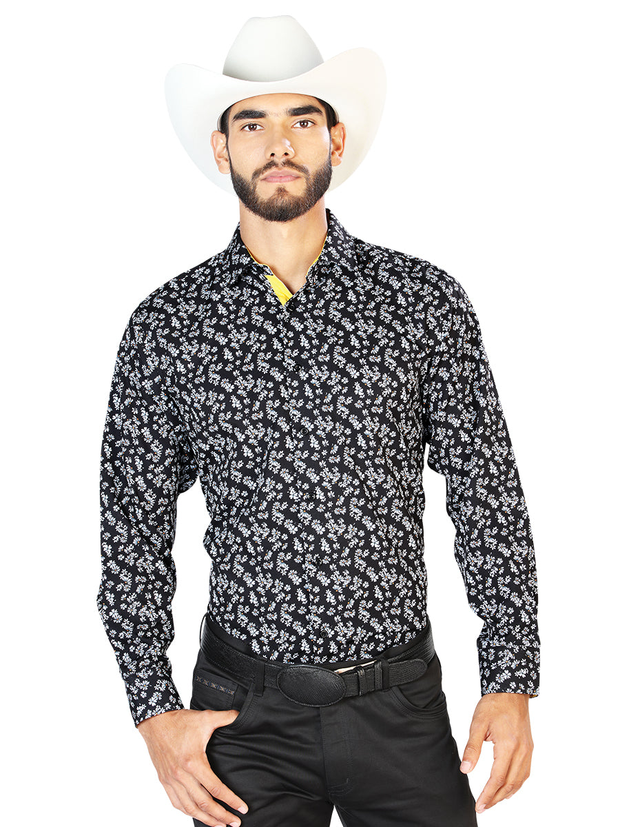 El General Mens Daisy Print Casual Long Sleeve Shirt (Black)