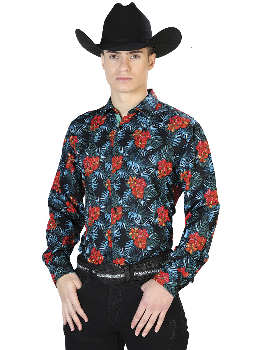 El General Mens Red Hibiscus Flower Casual Long Sleeve Shirt (Black)