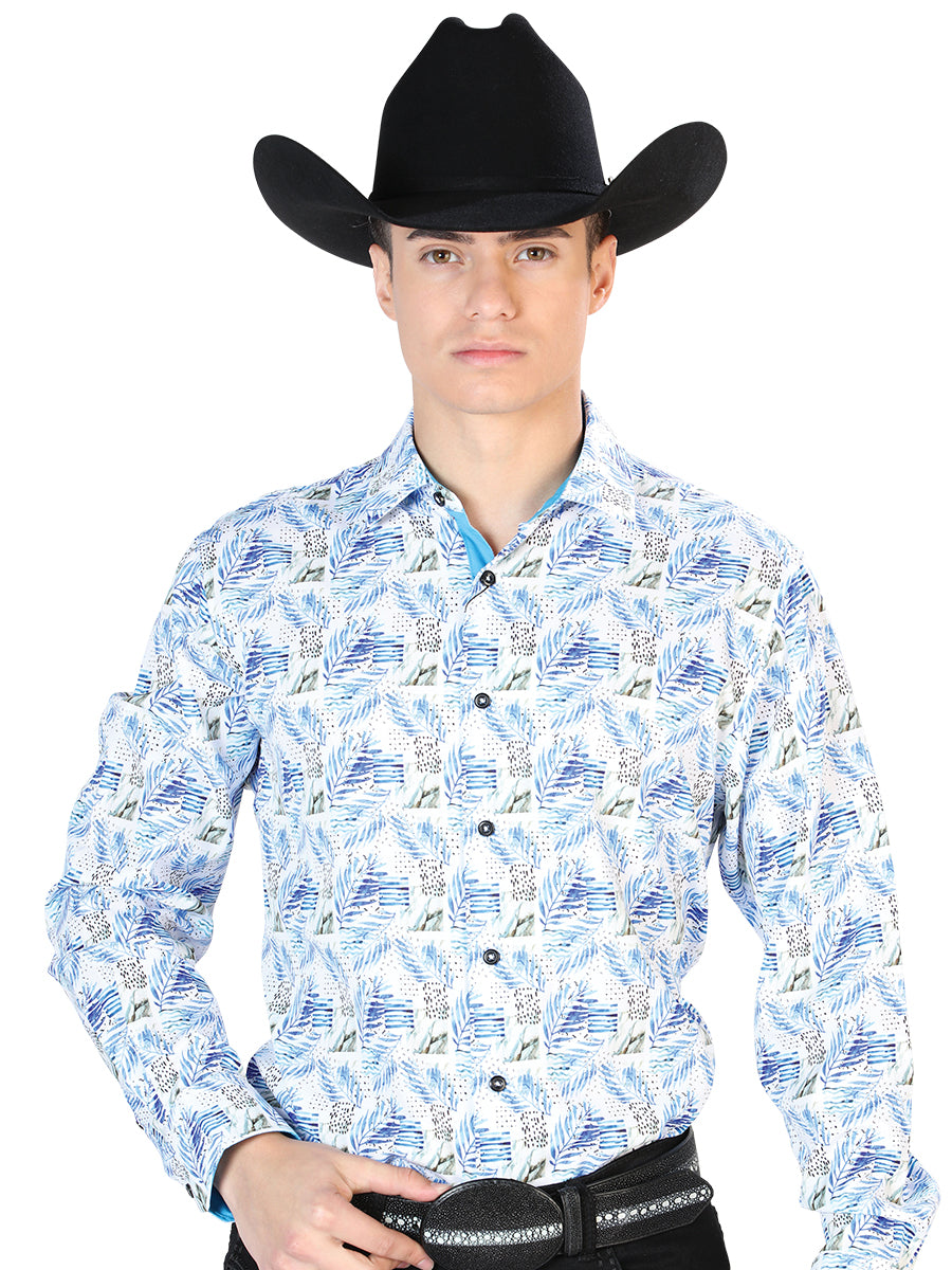El General Mens Feather Print Long Sleeve Shirt (White/Blue)