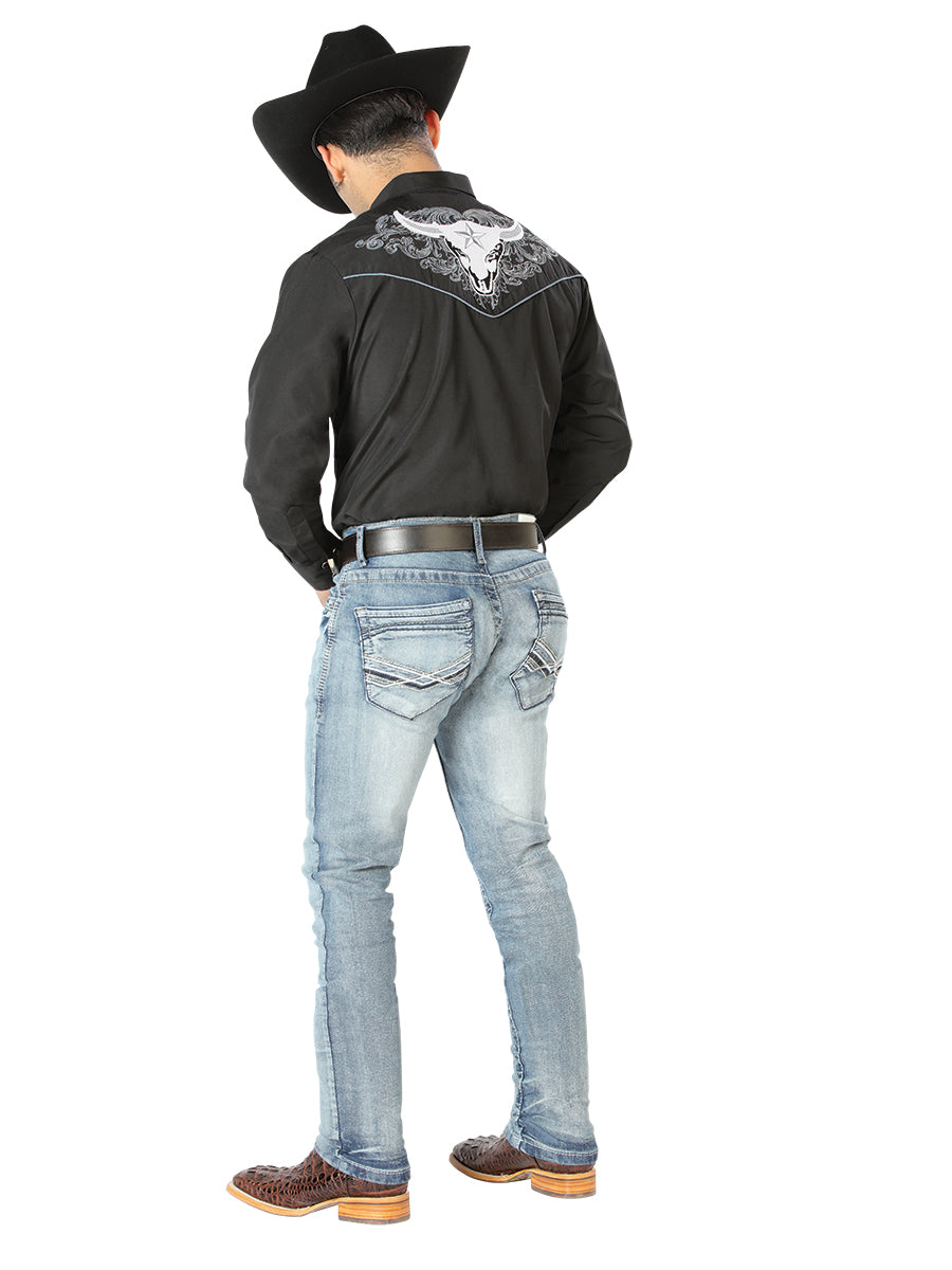 El Señor de los Cielos Mens Bull Embroidery Shirt - Black/white