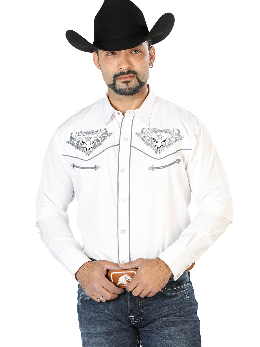 El Señor de los Cielos Mens Bull Embroidery Shirt - White/Gray