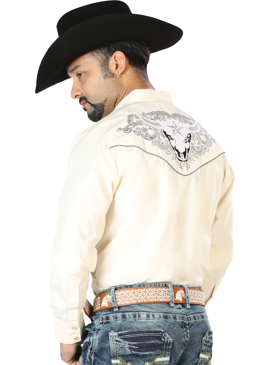 El Señor de los Cielos Mens Bull Embroidery Shirt - Beige/Gray