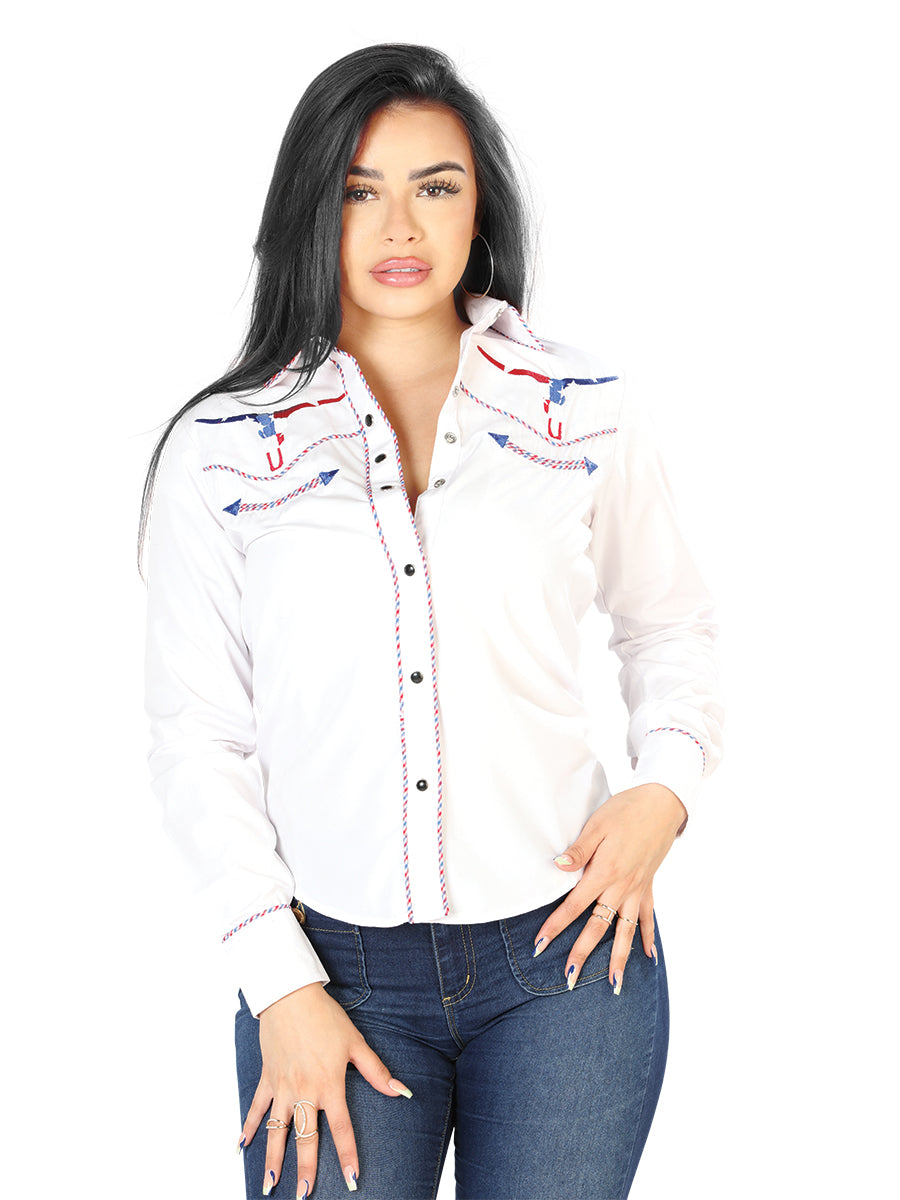 Senor de Los Cielos Womens US Bull Embroidered Western-style Shirt - White