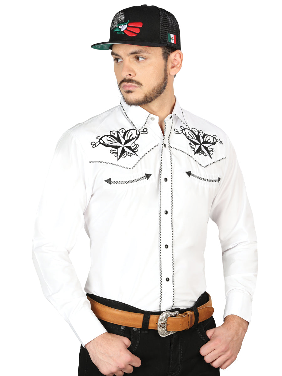 El General Mens Embroidery Western Shirt - White/Black