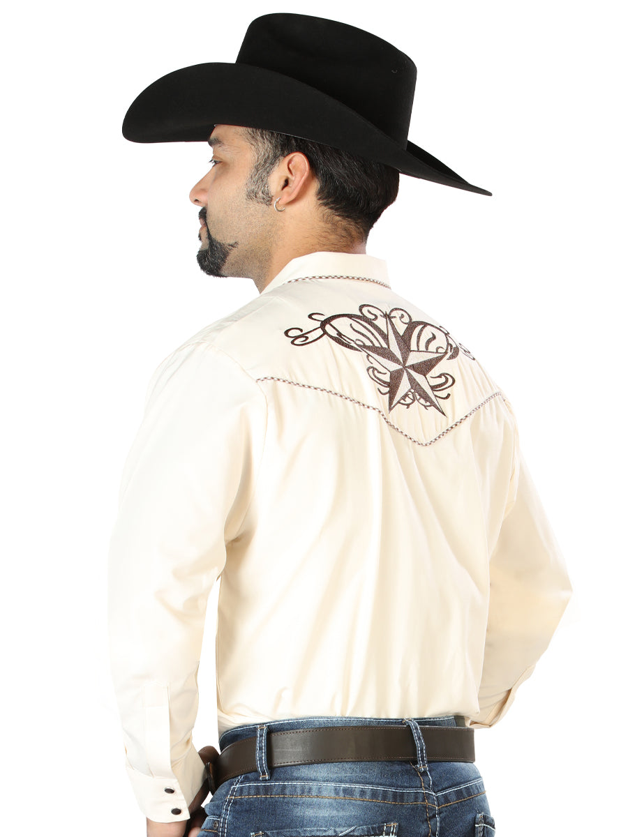 El General Mens Embroidery Western Shirt - Beige/Black