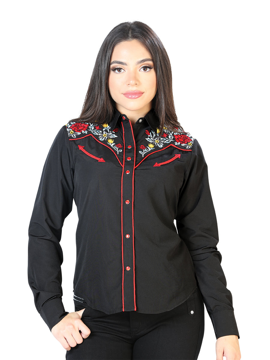 Senor de Los Cielos Womens Flower Embroidered Western-style Blouse -Black