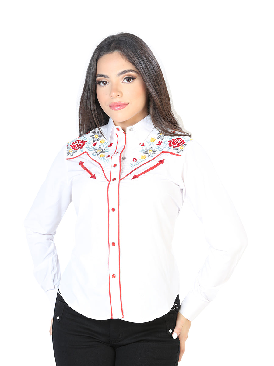Senor de Los Cielos Womens Flower Embroidered Western-style Blouse - White