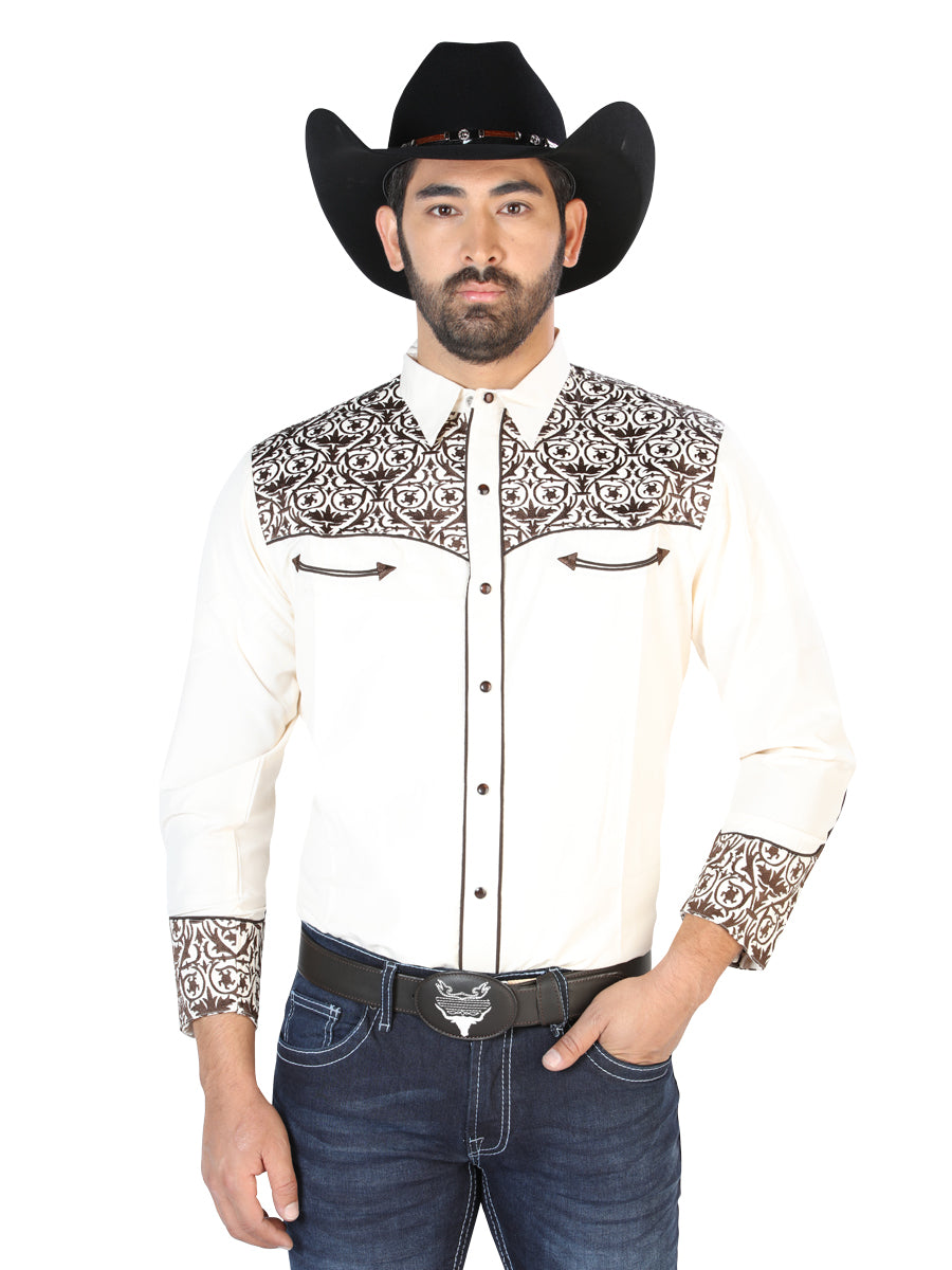 Señor de los Cielos Mens Embroidery Shirt- Beige/Gold