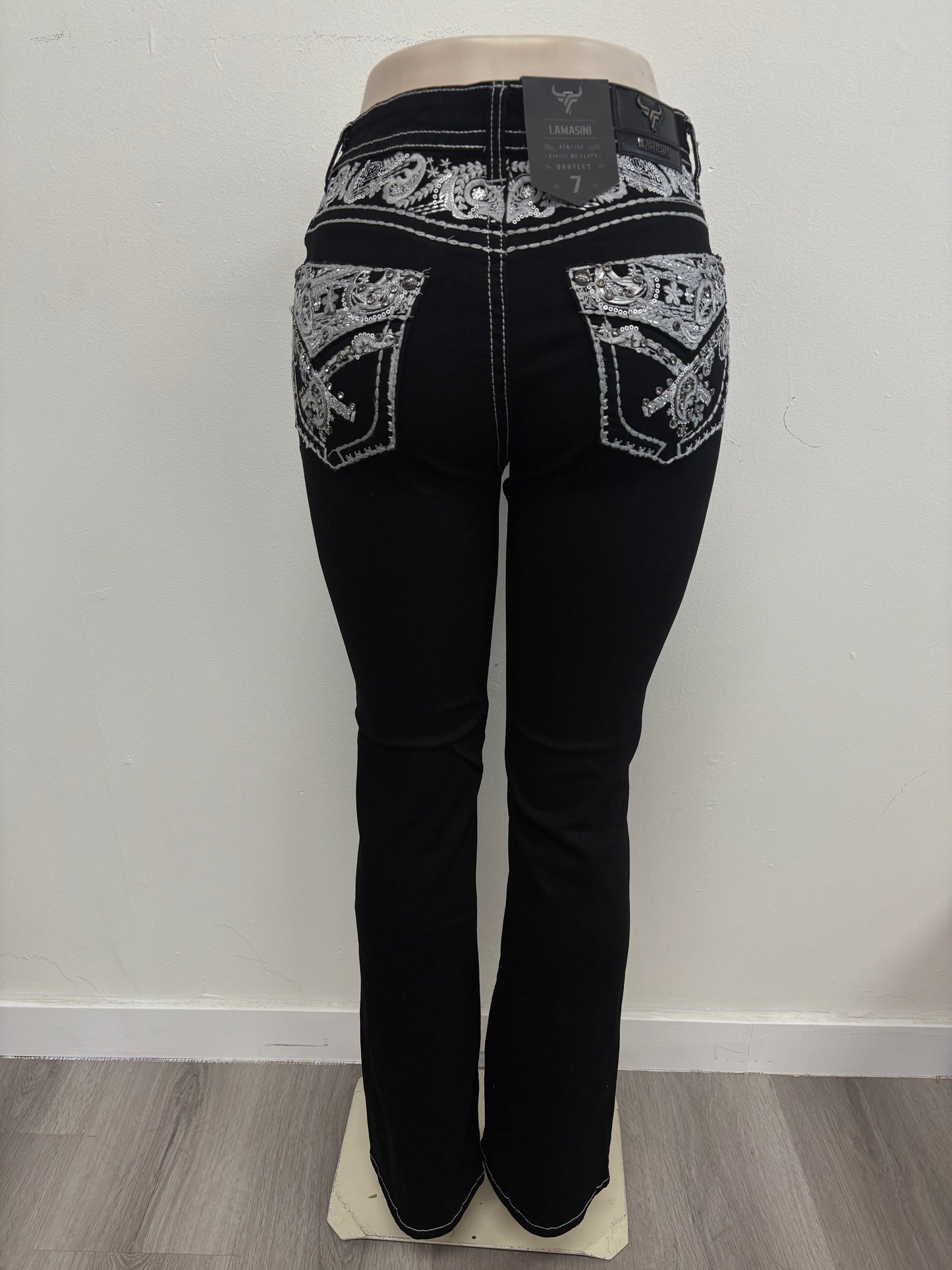 Lamasini Womens Black Silver Scroll Bootcut Jean L763