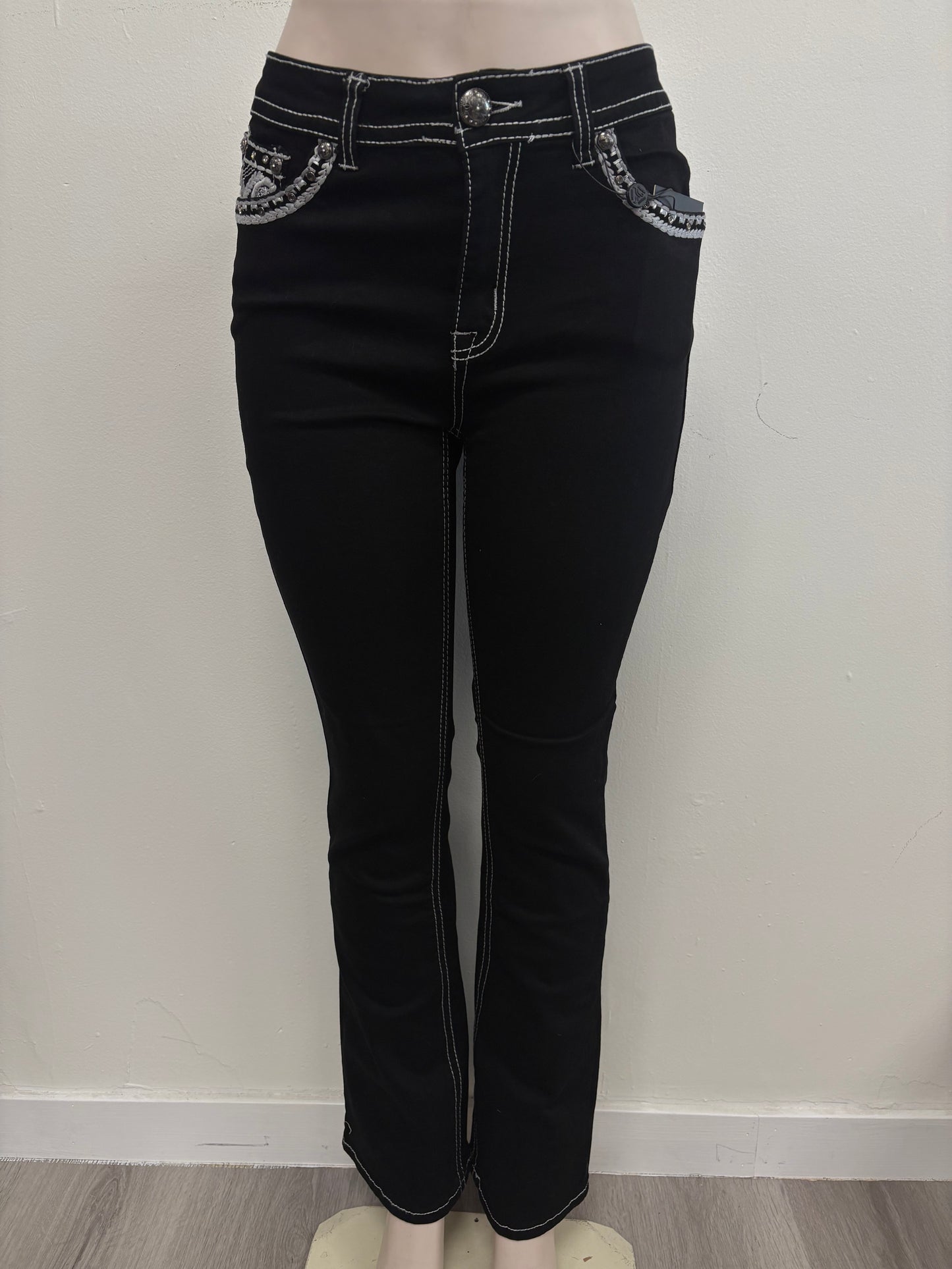 Lamasini Womens Black Silver Scroll Bootcut Jean L763