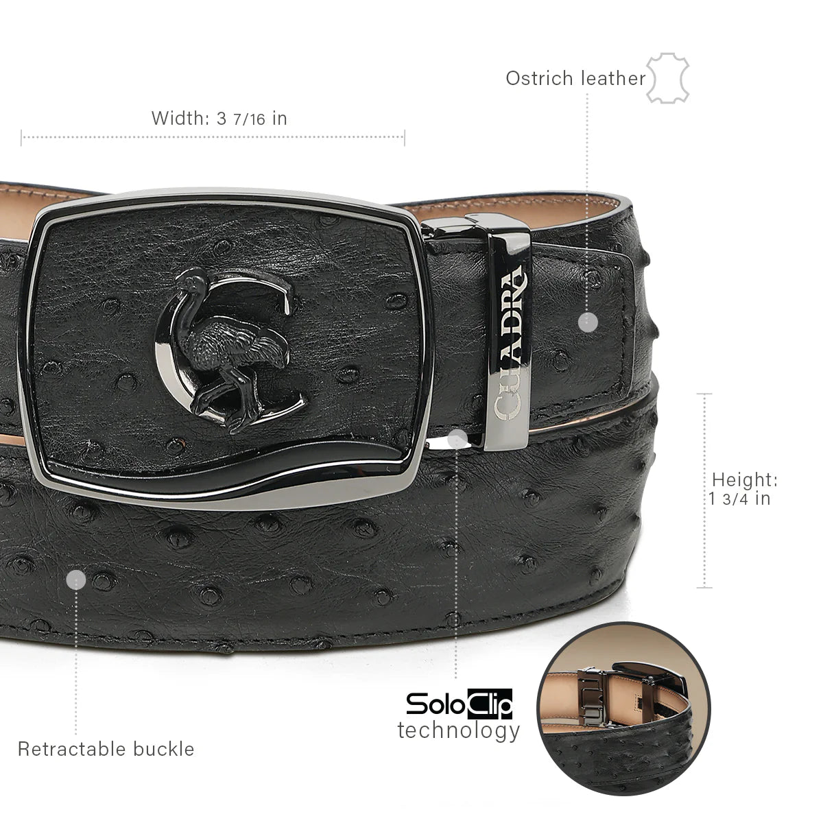 Cuadra Mens Ostrich Pin Buckle Design Belt Cinto - Black BC479
